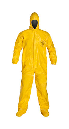 DuPont™ Tychem® QC Coverall. Standard Fit Hood. Elastic Wrists. Attached Socks. Storm Flap with Adhesive Closure. Taped Seams. Yellow. - Tychem